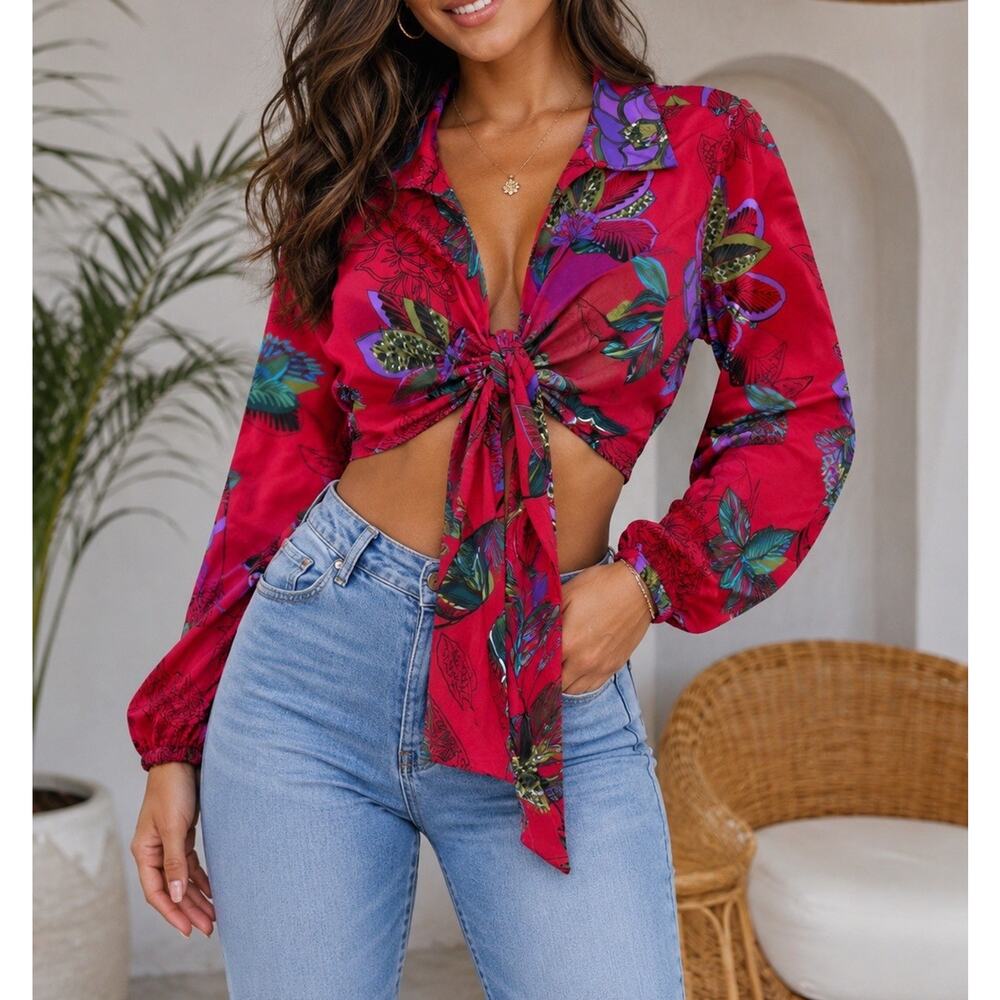 IMAN Women’s Floral Wrap Crop Top XLP Red Tropical Tie Front Long Sleeve Blouse